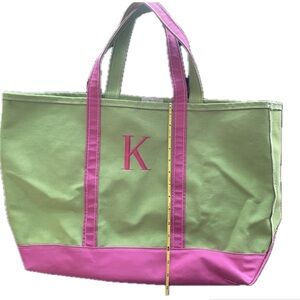 LL Bean Boat and Tote bag Pink Green open top embroidered K monogram NWOT LARGE